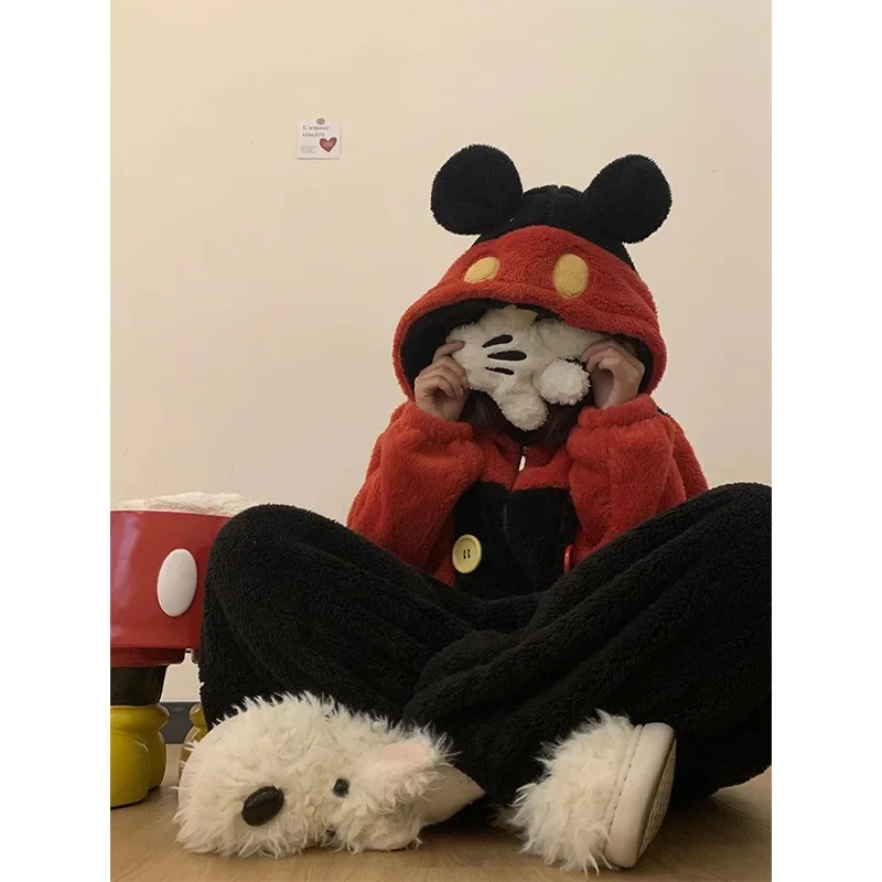 لطيف الكرتون ميكي ديزني مقنعين المرجان بيجامة من الصوف النساء شتاء دافئ قطعة واحدة ملابس المنزل عادية فضفاض عيد ميلاد مفاجأة هدية