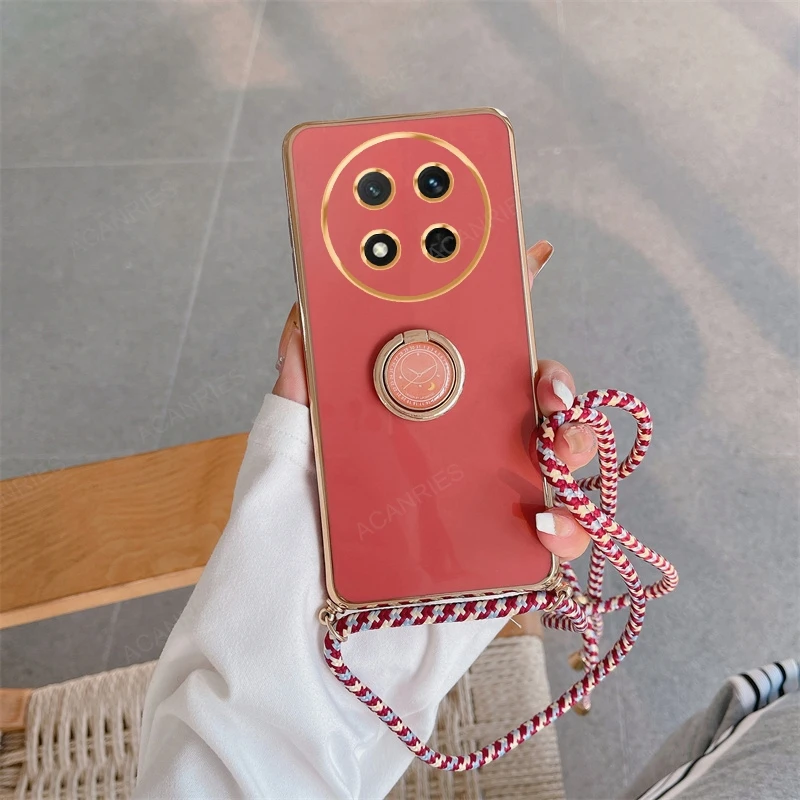 Luxury Plating Crossbody Lanyard Case with Ring Holder and Back Cover