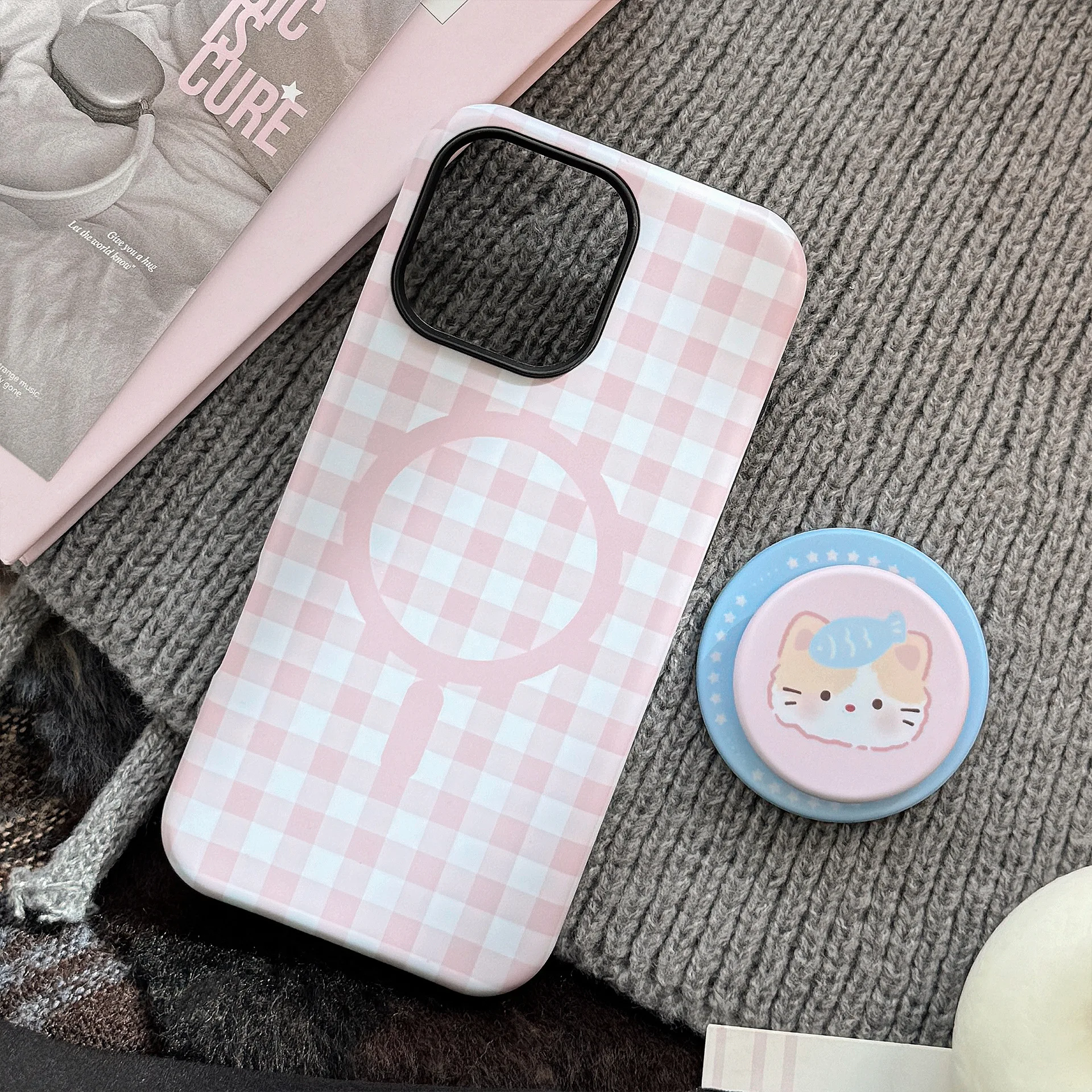 Korean Grid Pattern Cartoon Animals Magnetic Shockproof Phone Case Cover