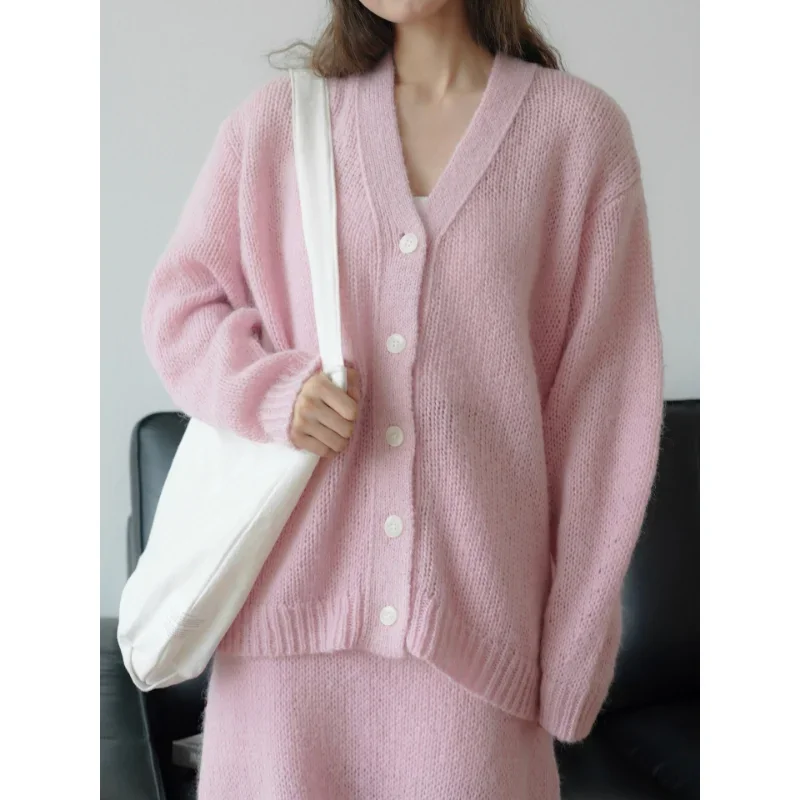 

Women Autumn Cardigans Mohair Sweaters Loose Slim Light Casual Knitted Tops V-Neck Dropped Sleeves Loose Skin-friendly Clothes