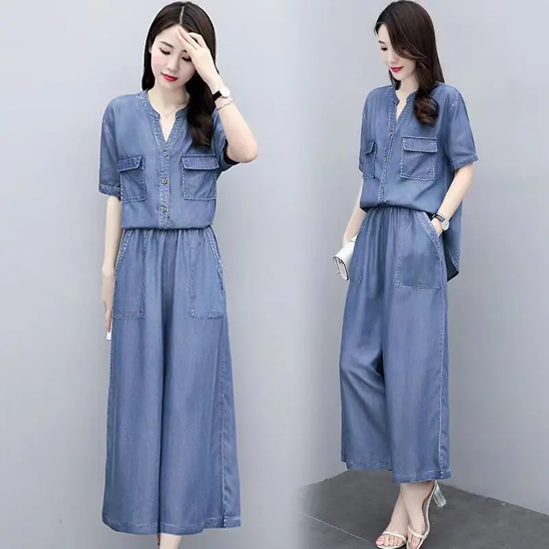 Large Size Wide Leg Pants Women's Set 2024 Spring/summer New Fashionable Loose Fitting Age Reducing Two-piece Set