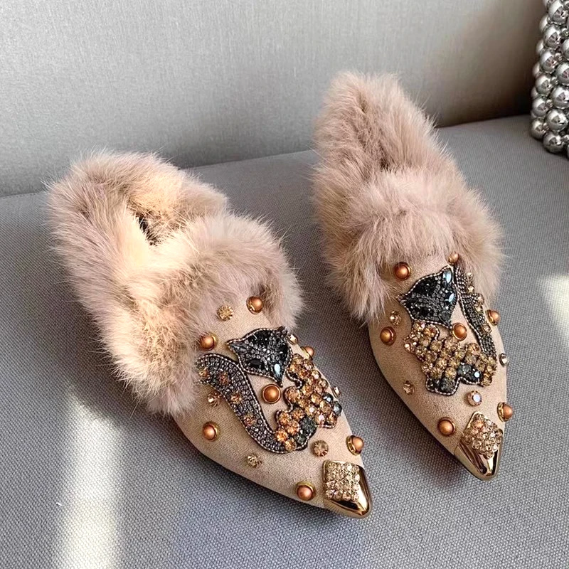 

New Rabbit Fur Pearl Multi Cystal Cherry Fox Flats Loafers Crystal Studs pointy toe Winter Fur Causal Shoes Woman Footwear