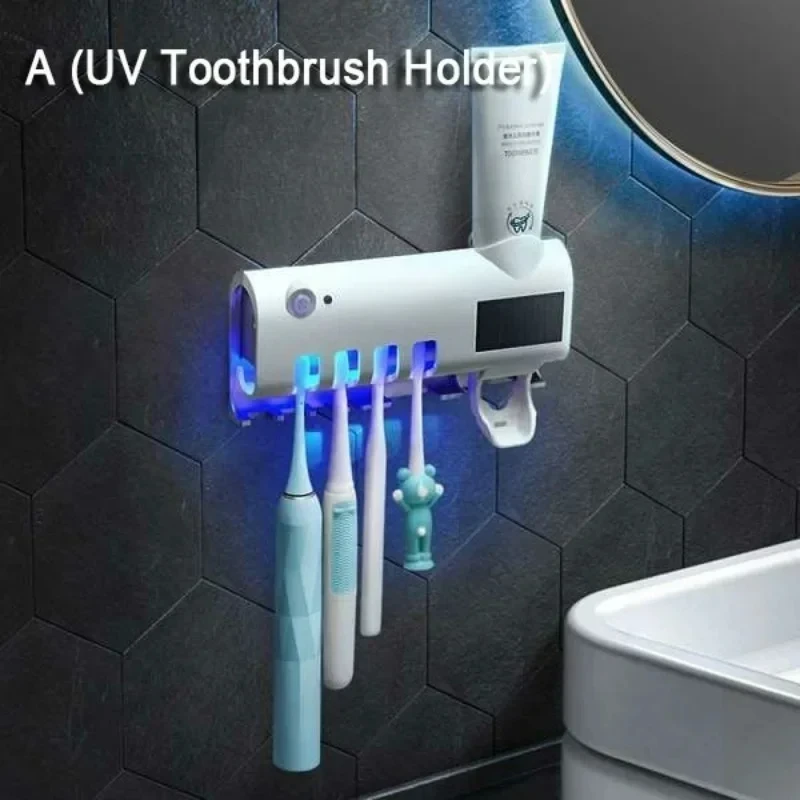 Bathroom Shower Storage Solar Energy UV Light Toothbrush Sterilizer Holder Automatic Toothpaste Squeezers Dispenser for Home