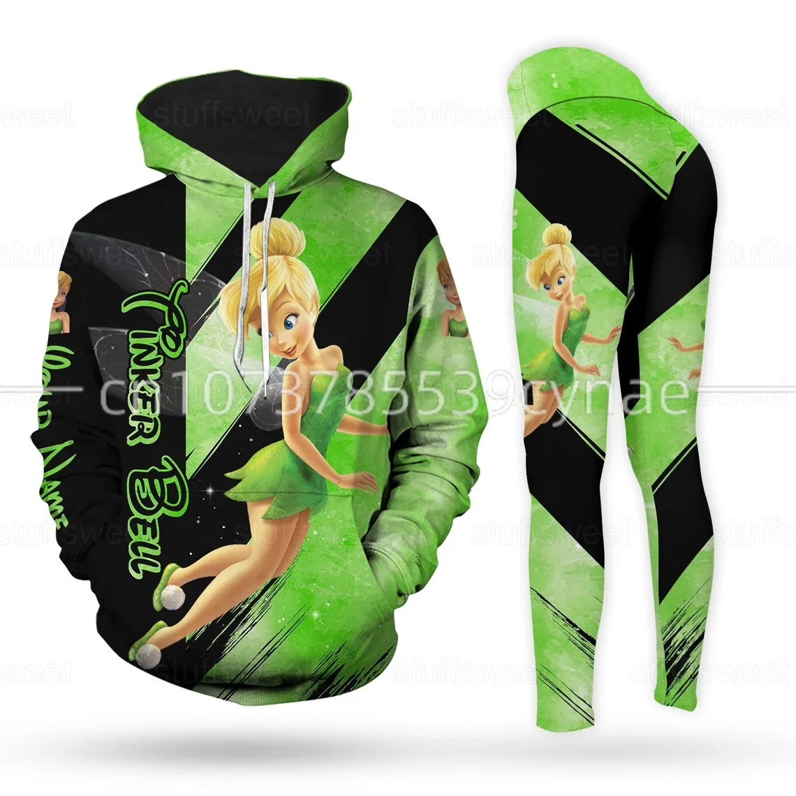 

New Disney Tinker Bell 3D Hoodie Women's Hoodie Suit Tinker Bell Custom Name Yoga Pants Sweatpants Fashion Sports Suit