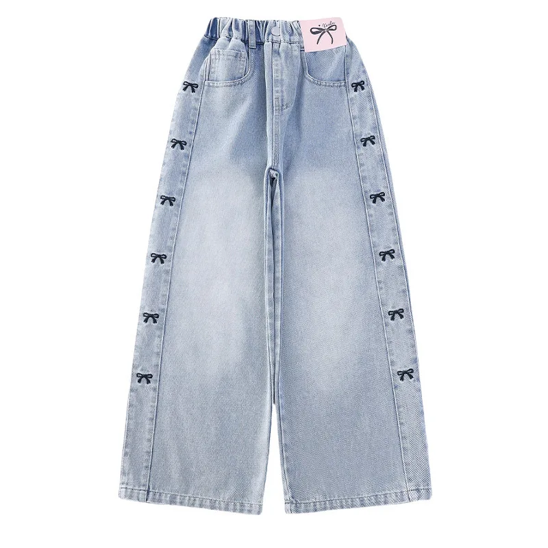 Jeans Larghi Con Fiocco Per Ragazze – Vita Alta, Gamba Dritta, Denim Morbido, Vestibilità Casual Preppy
