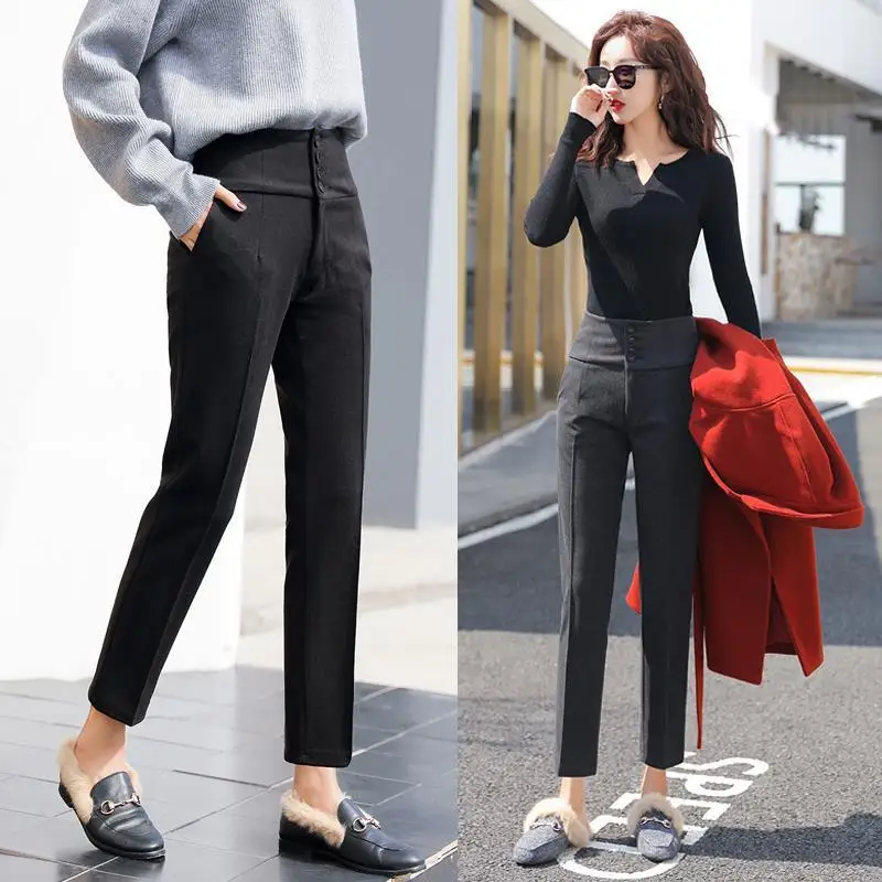 Autumn Winter Woolden Blend Suit Pants Women Korean Button High Waist Straight Pantalones Office Lady Stretch Casual Trousers