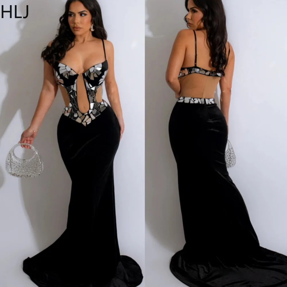 

HLJ Black Sexy Sequin Hollow Out Bodycon Floor Dresses Women V Neck Thin Strap Sleeveless Backless Party Club Vestidos Clothing