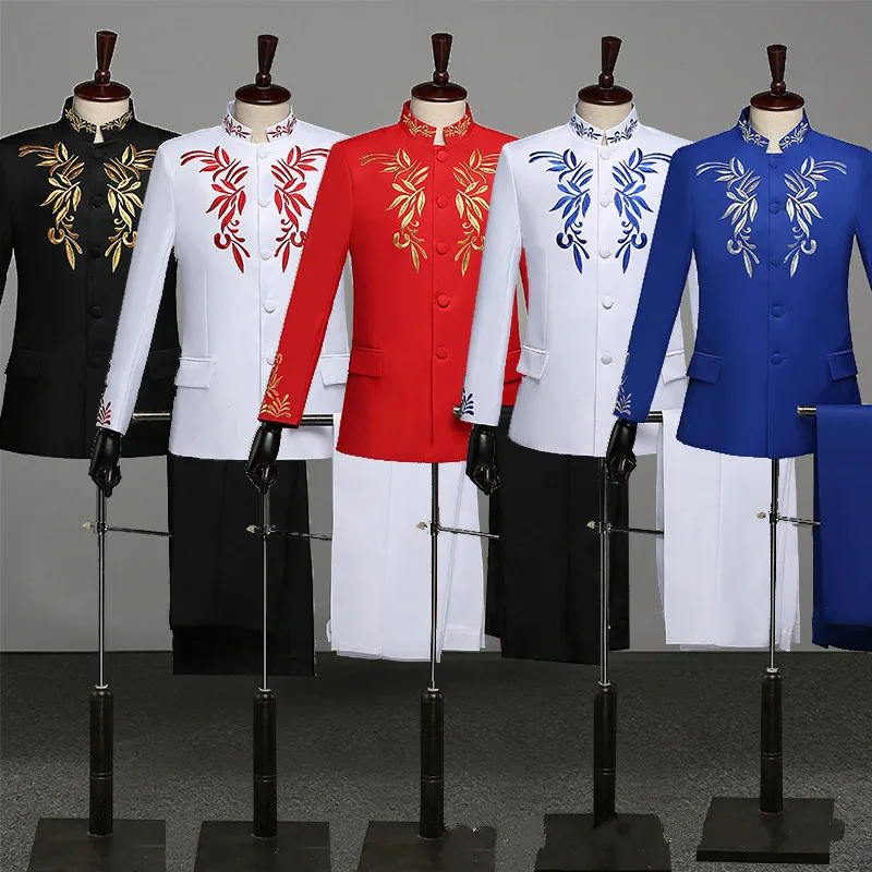 многообортный индикатор shan Men Stand Collar Slim Traditional Chinese Suit Embroidered Tunic Suits Spring Autumn Zhong Shan Long Sleeve Business Clothes