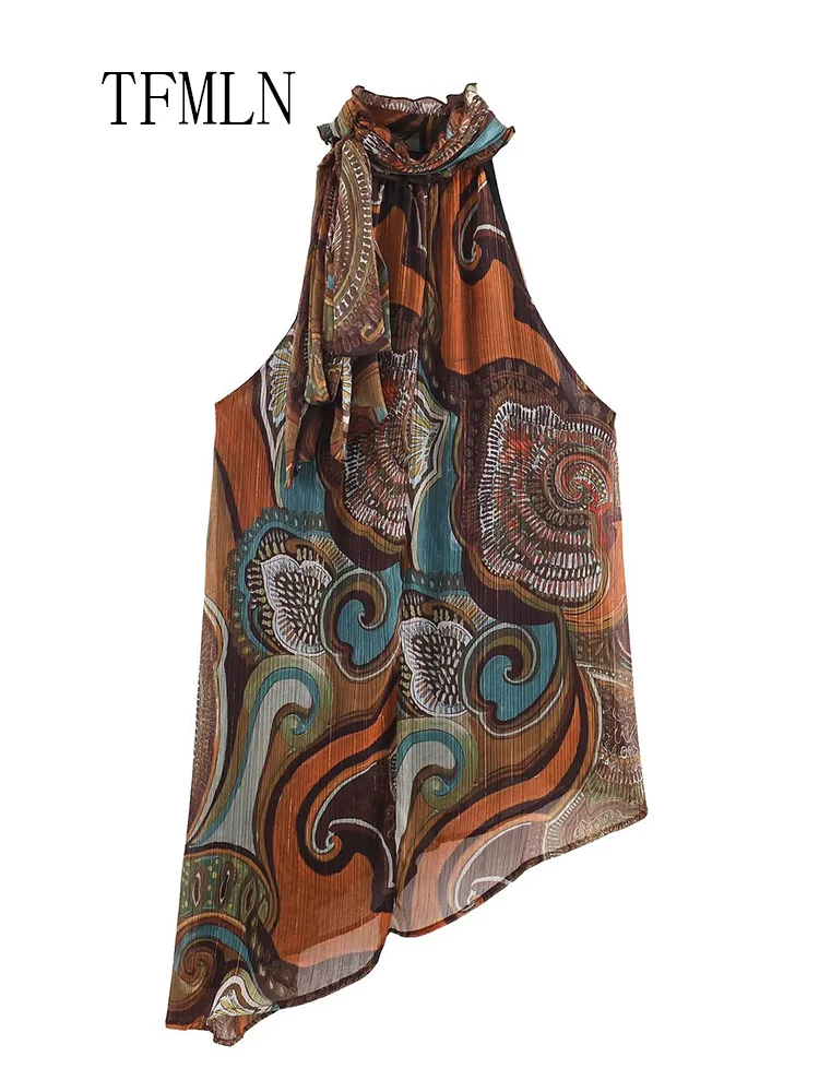 Fashion Women Printed Halter Collar Tops 2026 Spring Summer Causal Sleeveless Beach Style Asymmetrical Tops Retro Bow Thin Tops