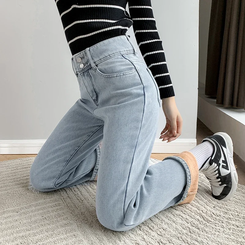 Winter Warm Fleece Wide Leg Jeans Women Vintage Baggy High Waist Denim Pants 2021 Loose Straight Mom Jean Pantalones De Mujer 3