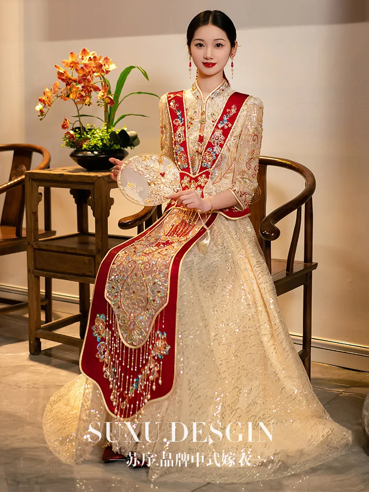 

Modern Sparkly Sequins Cheongsam Champagne Qipao Chinese Traditional Beading Tassels Wedding Dress