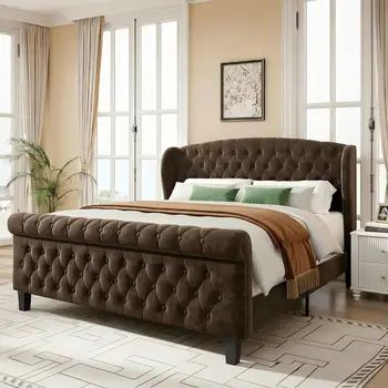 Vintage Brown Upholstered Queen Sleigh Bed with Velvet Scroll Footboard 1