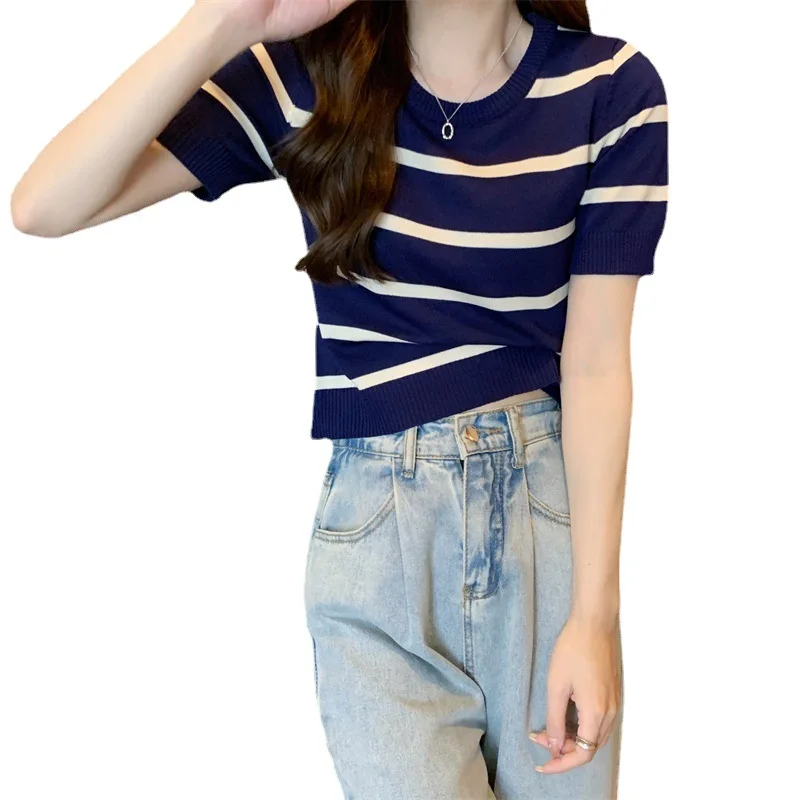 Striped Knitted Short SleeveTWomen's Summer T-shirt2023New Design Sense Niche Slim-Fit Slimming Shoulder Short Tops 5