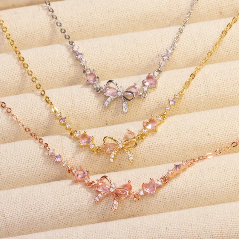 Gorgeous Pink Cubic Zirconia Bowknot Pendant Necklace for Women Fashion Elegant Choker Neck Chain Party Jewelry Gifts