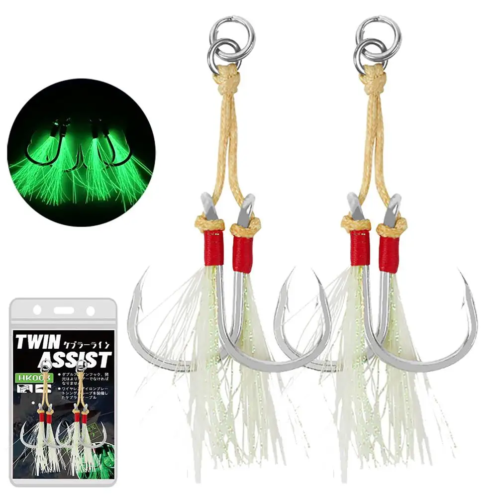 2PCS Fishing Cast Jigs Assist Hook Barbed Double PairHooks Thread Feather Pesca High Carbon Steel Fishing Lure Slow Jigging