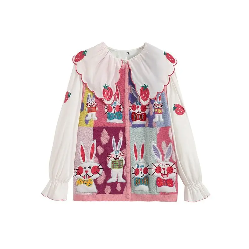 

Academy Style Set Doll Neck Shirt with Sweet Heavy Industry Embroidery Overlay Knitted Vest Two Piece Set for Women