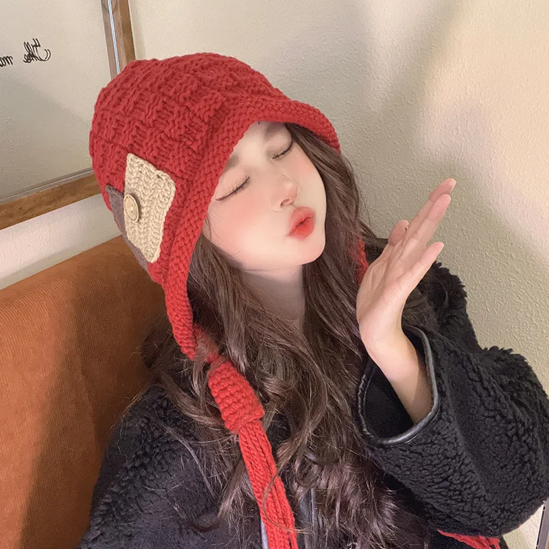 

Ins Cute Button Design Tassel Braid Red Hats for Women Autumn and Winter Fashion Warm Ear Protection Knitted Beanies Hat