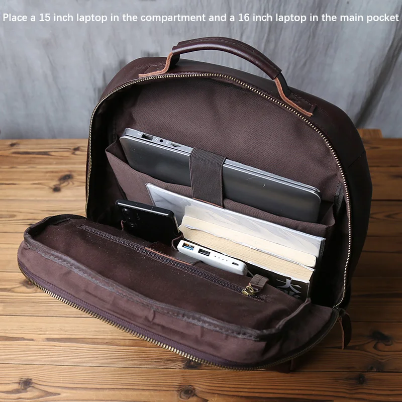 NZPJ Retro Genuine Leather Men's Backpack Fashion Backpack Top Layer Cowhide Computer Backpack Large Capacity Travel Bag