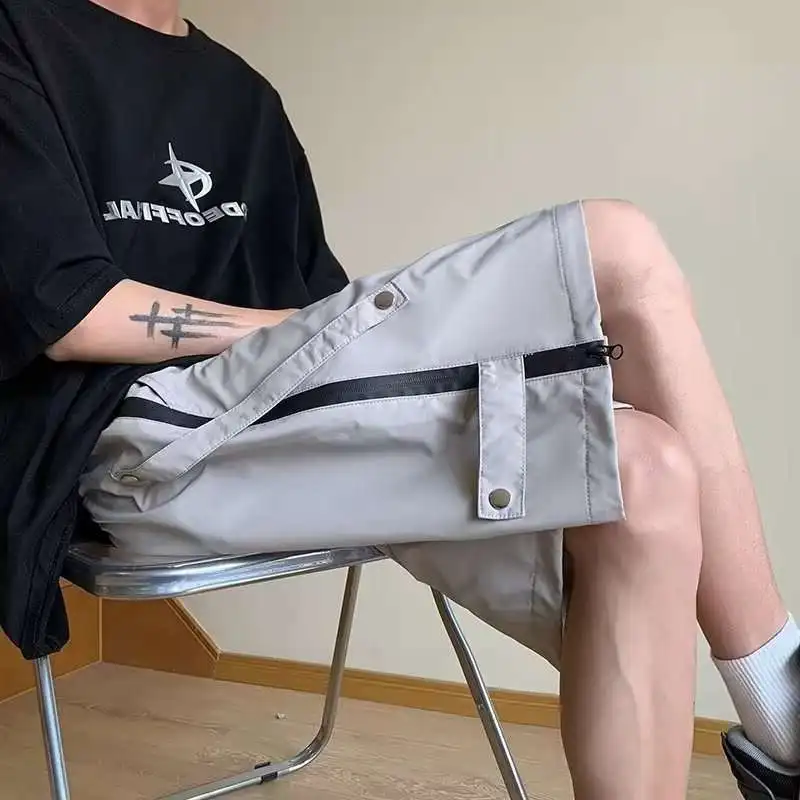Summer Men's 2024 New Spliced Elasticized Pocket Zipper Shirring Fashion Solid Color Comfortable Loose All-match Casual Shorts