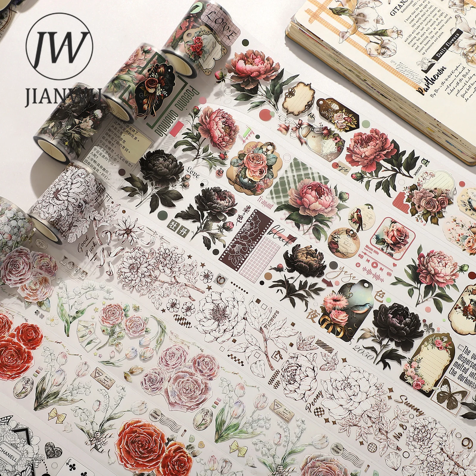 

JIANWU 500cm/Roll Time Is Like A Flower Series Vintage Floral Landscape Decor PET Tape Creative DIY Journal Collage Stationery
