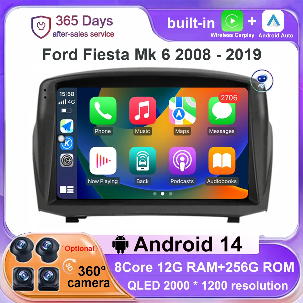 QLED Android 14 9 inch For Ford Fiesta Mk 6 2008 - 2019 Car Radio Multimedia Video Player Navigation GPS CarPlay Auto BT No 2din