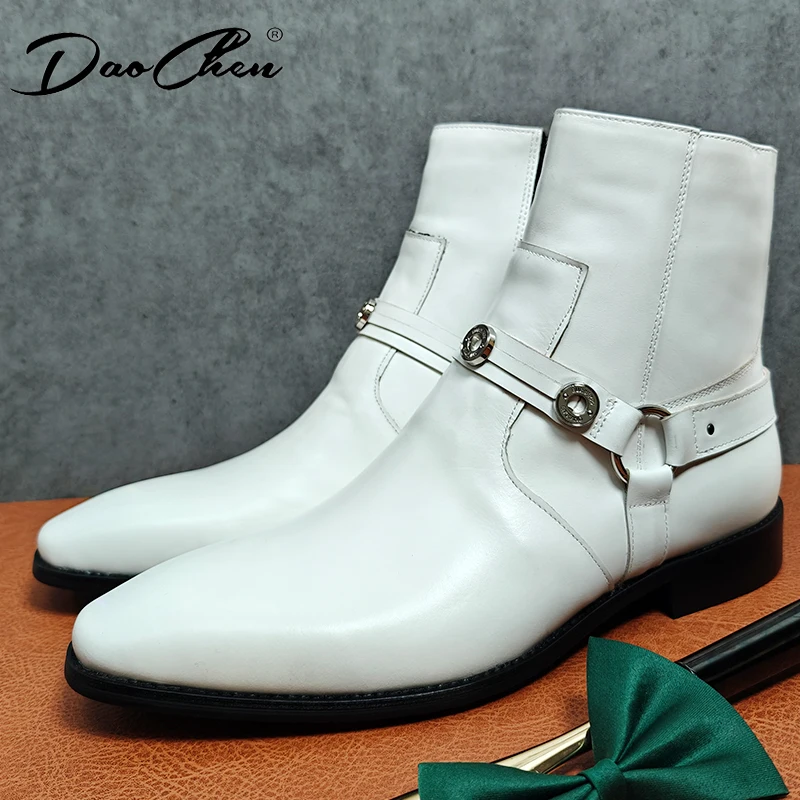 Luxury Men's Boots Zipper Mid-Calf Rock Boots Slip On Casual Dress Shoes Black Brown White Genuine Leather For Men