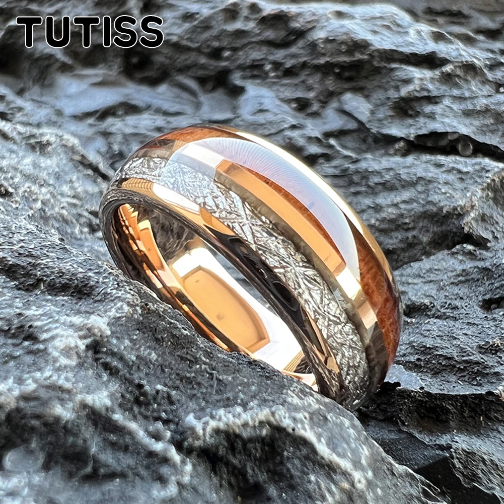 TUTISS 8mm Men's and Women's Wedding Tungsten Ring with Double Slots Inlaid with Redwood and Meteorite for Comfortable Fit
