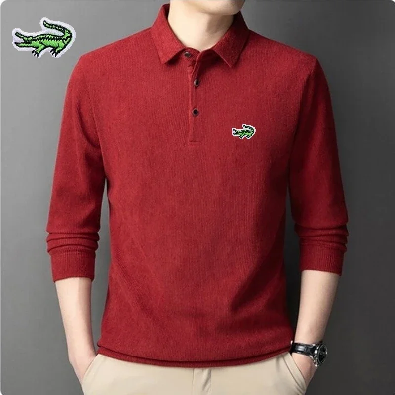 

Embroidered Corduroy Long Sleeved Polo Shirt for Men's Spring and Autumn Business Leisure Comfortable Long Sleeved T-shirt