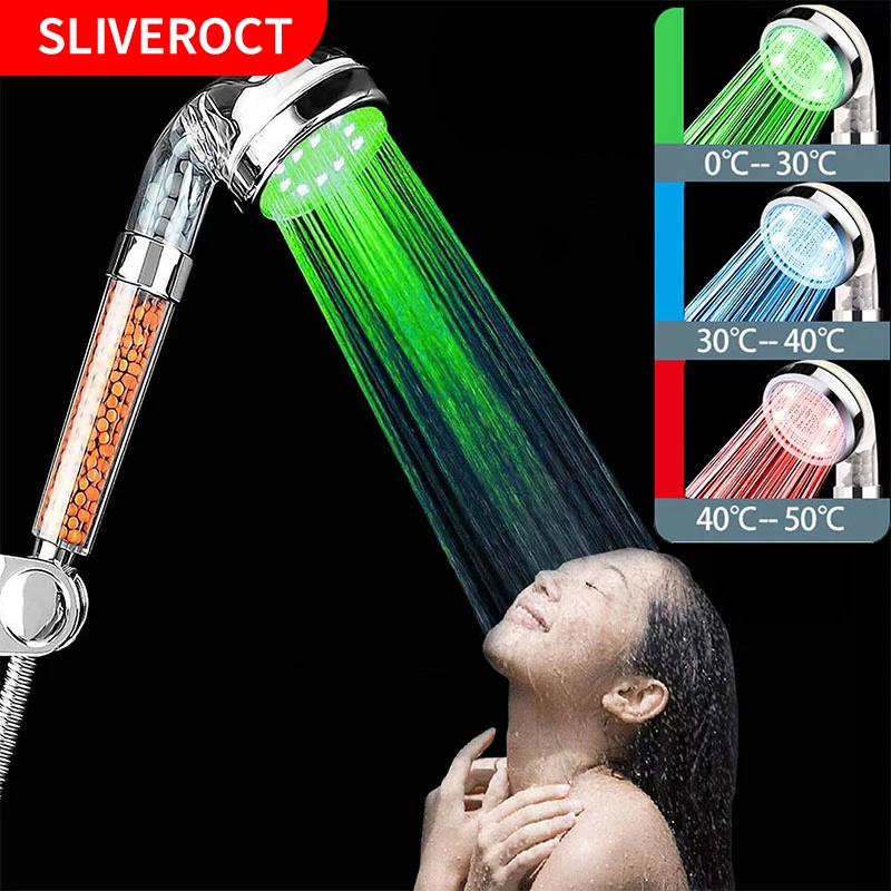 

LED Shower Head 3/7 Color Changing Temperature Sensor Handheld Mineral Anion Water Saving High Pressure Bathroom Shower Filter