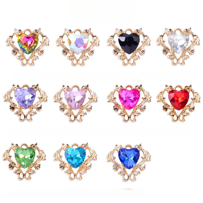 

WZNB 10Pcs Crystal Heart Charms Hollow Flower Alloy Pendant for Jewelry Making Handmade Earring Bracelet Necklace Diy Accessorie