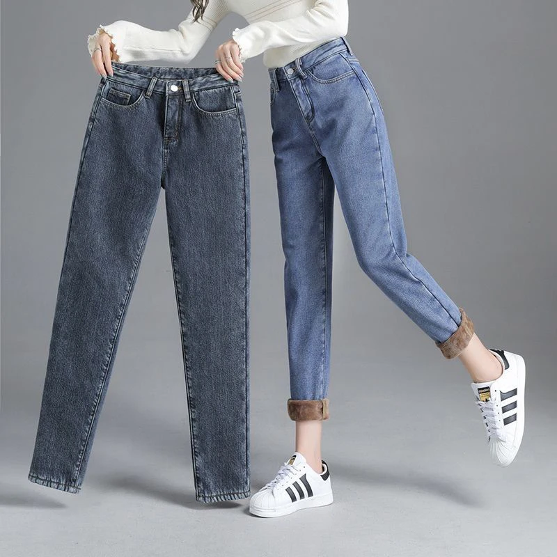 Winter Jeans Women Plush Velvet Casual High Waist Denim Trousers Snow Wear Warm Elastic Straight Ankle-Length Pants Plus Size