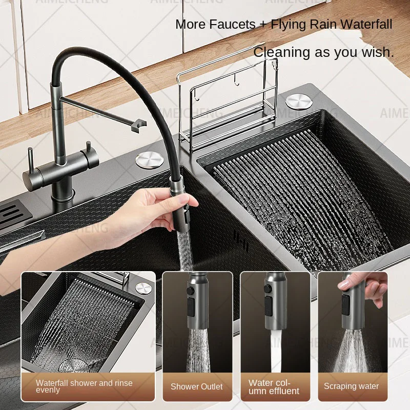 Double Sink Stainless Steel Kitchen Sinks With Waterfall Embossed Double Bowl multifunctional Dishwashing Basin