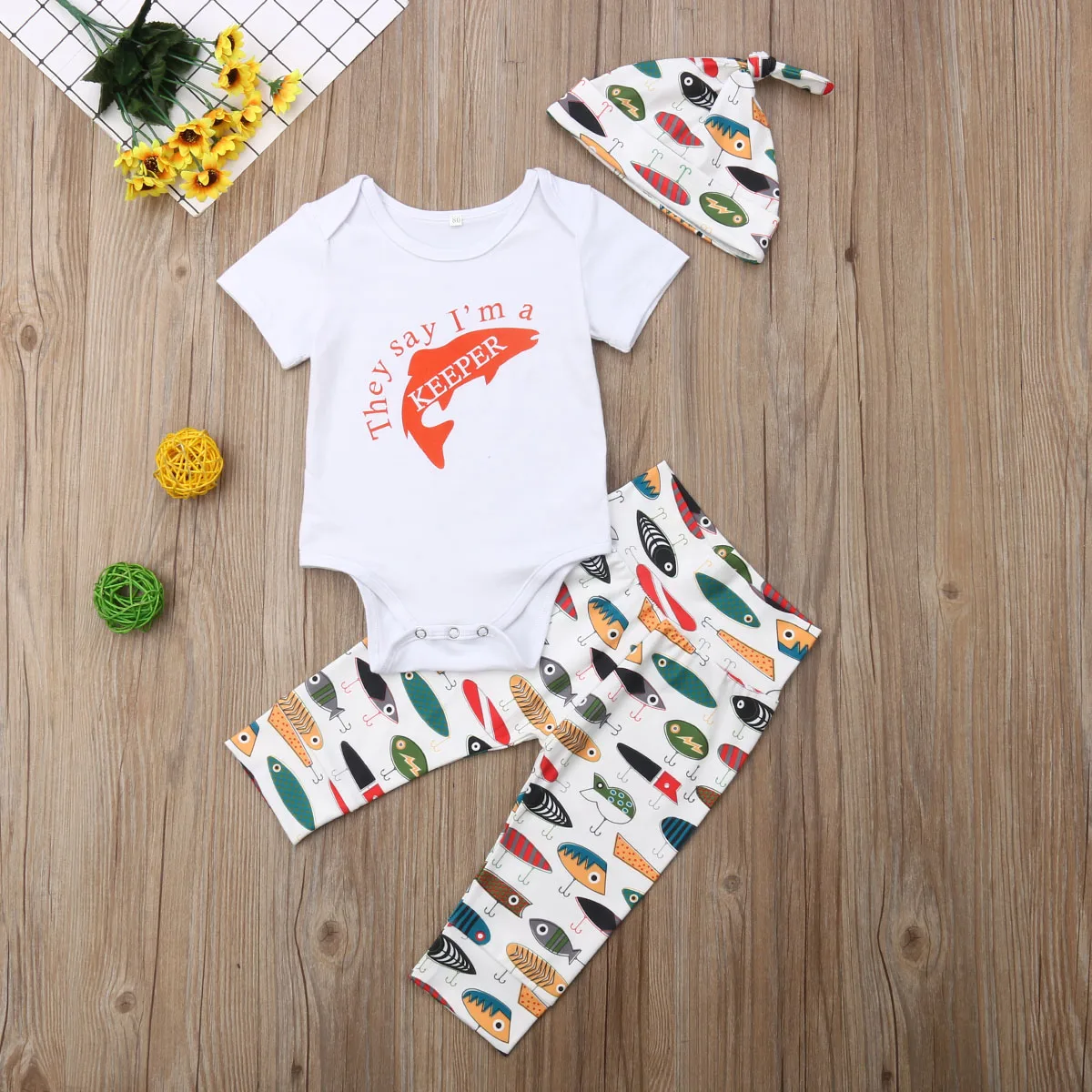 Boys Fish Printed Romper Set Short Sleeve Fish and Letter Printed Tops with Printed Long Pants and Hat