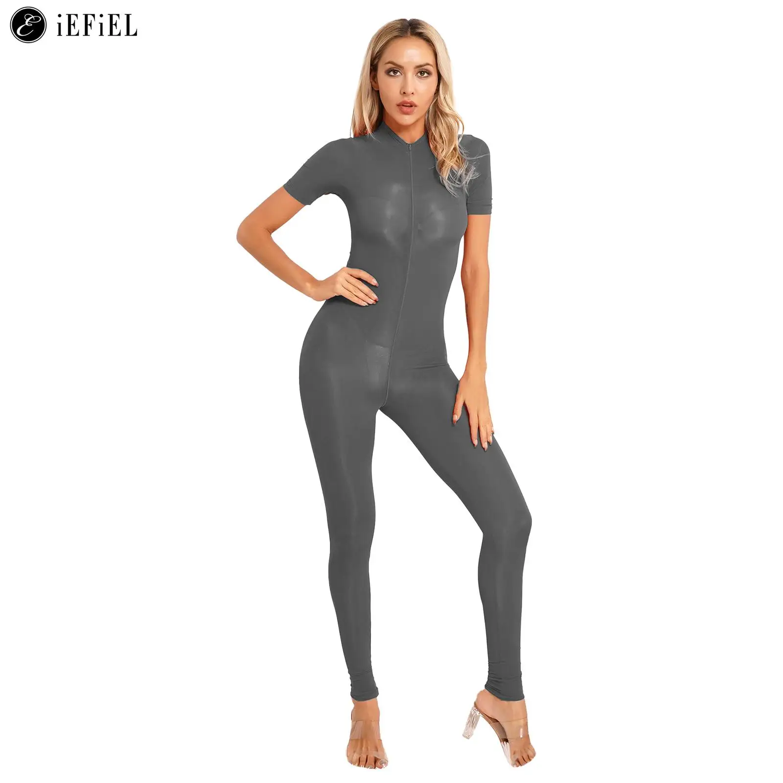 Women Short Sleeve Solid Color Sport Bodysuit Jumpsuit Sexy See Through ...