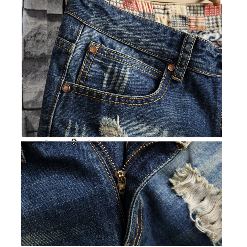 Men Jeans Ripped Jeans Ripped Patchwork Jeans Summer Men Vintage Ripped Short Jeans Streetwear Hole Slim Denim Shorts Male Brand Clothes Big Size 28-36 38 40