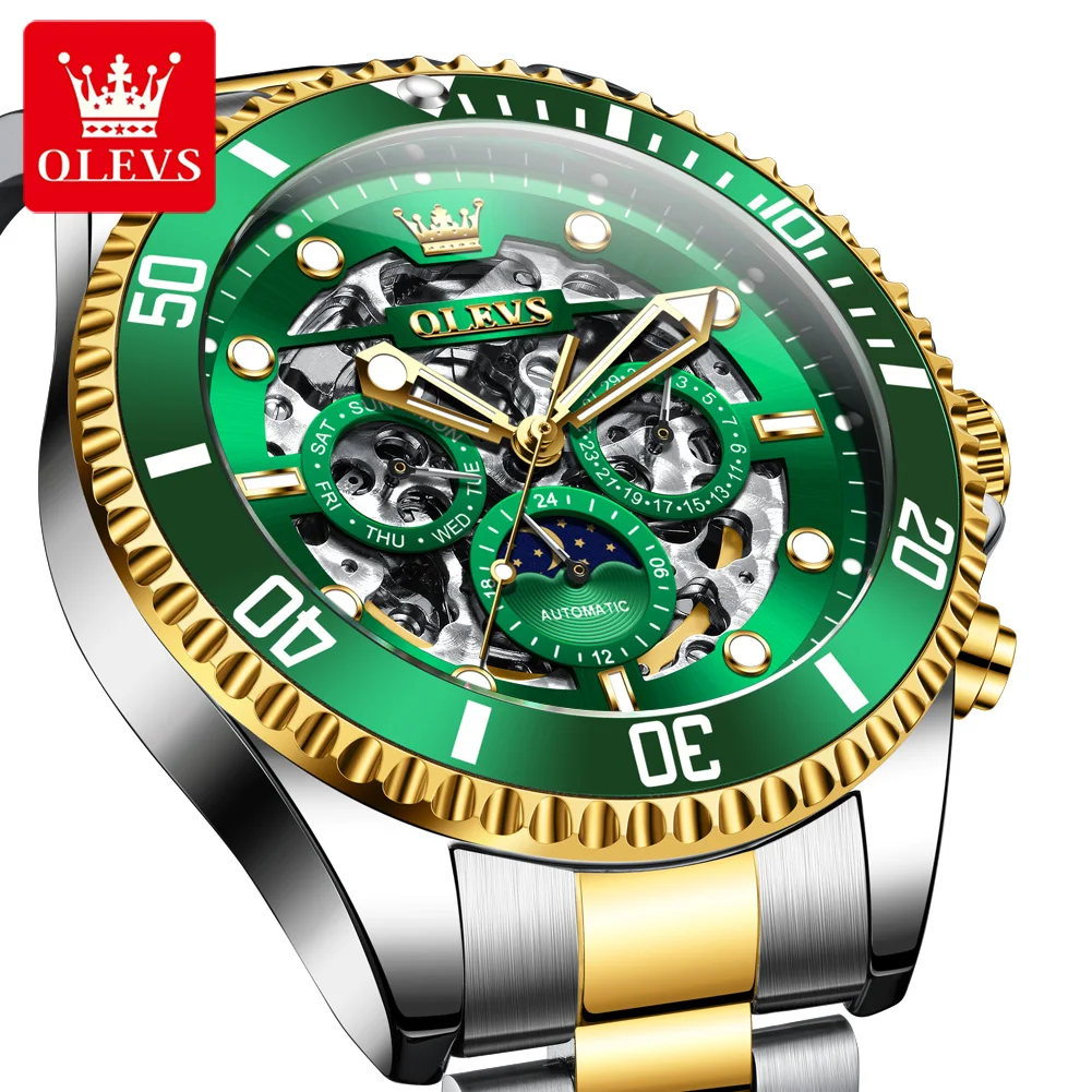 OLEVS 6715 Men's Watch Hollow Date Automatic Mechanical Watch For Men 43mm Big Dial Moon Phase Fashion Waterproof Man Wristwatch