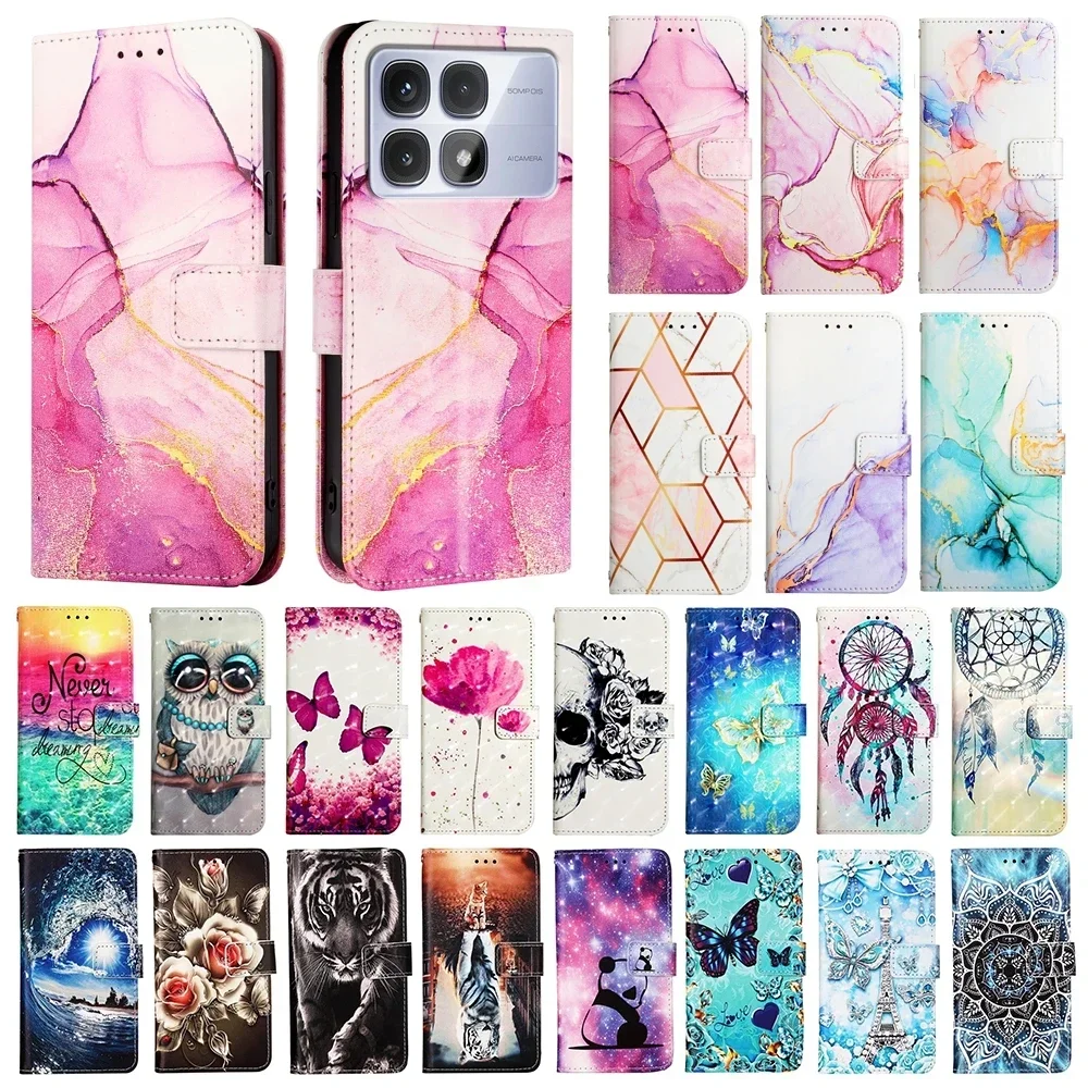 Chic Painted PU Leather Flip Case with Wallet Stand, Card Holder, and Strap
