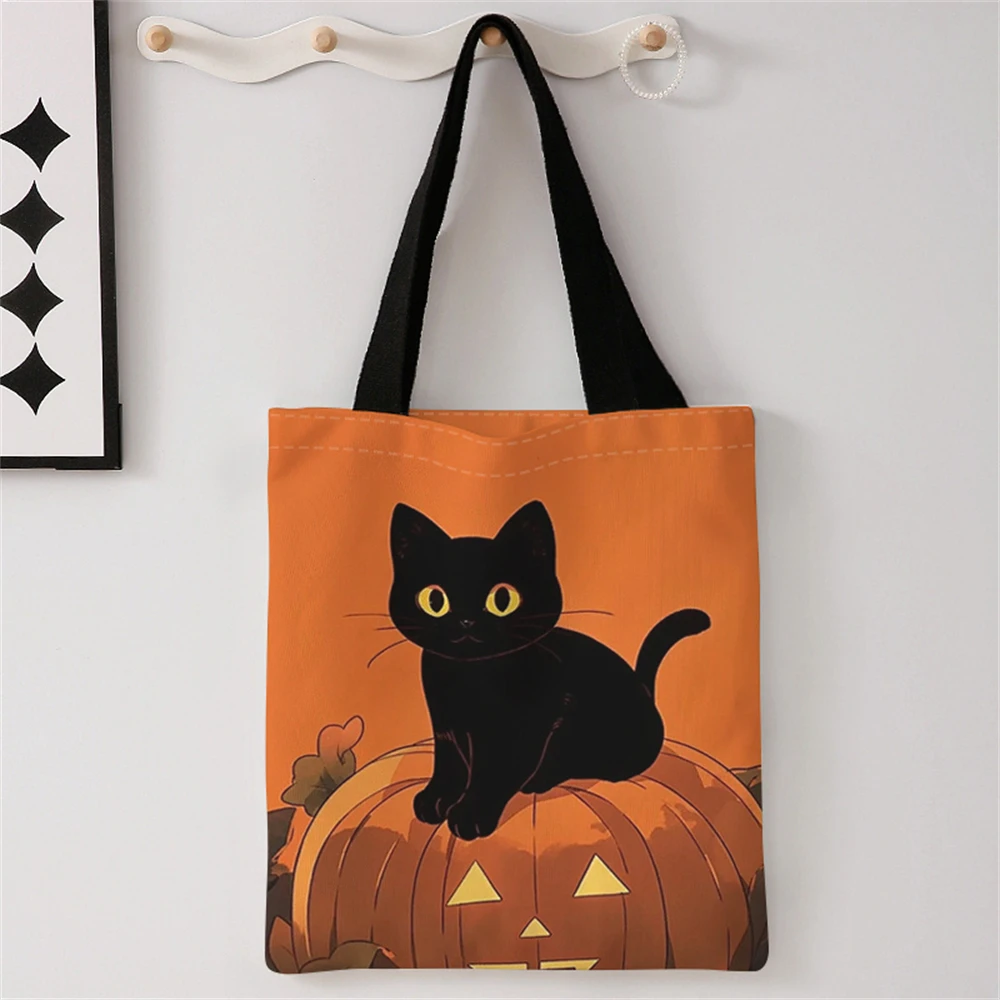 Black cat pumpkin pattern printed casual handbag, reusable fashionable backpack, multifunctional handbag, canvas shopping bag