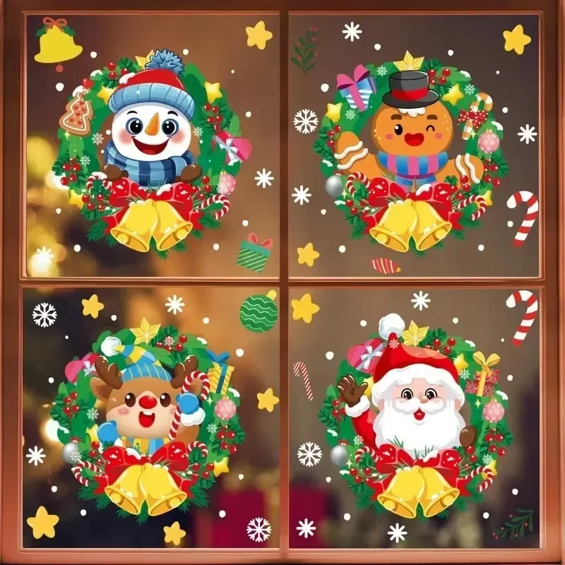 Christmas Window Glass Films Static Cling Stickers Cartoon Santa Claus Xmas Wreath Gingerbread Man Happy New Year Sticker