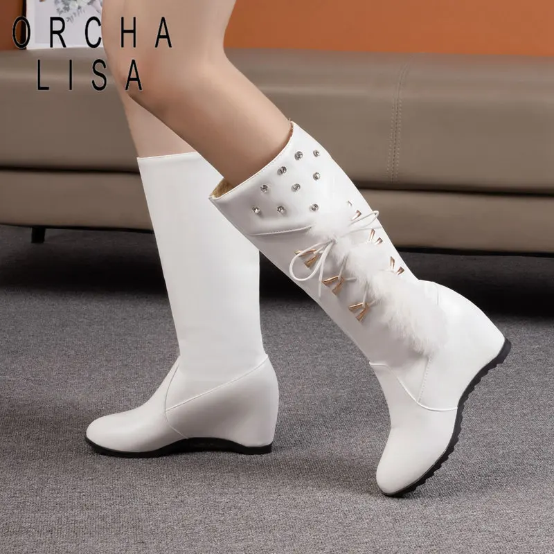 

ORCHA LISA Female Mid Calf Boots Round Toe Increased Heels Wedges 5.5cm Slip On Crystal Plus Size 42 43 44 Sweet Dating Booties