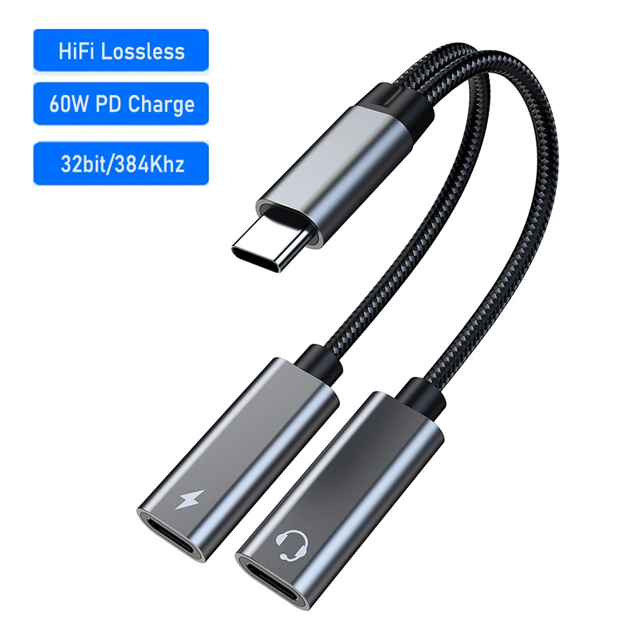 2in1 Type C Adapter C To Jack Usb Splitter HIFI DAC/Pd 60w For Samsung S24 Ultra Tab S9 Pixel 8 Iphone 15 Pro Oneplus 12 12R