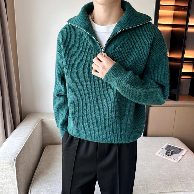 saferido Korean Thick Warm Knitted Men's Clothing Casual Knit Pullover Man to Man Sweaters For Men Loose Zipper Long Sleeve Sweater Male
