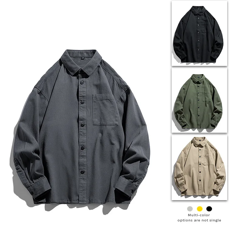 

Мужская однобортная рубашка с лацканами, свободная однотонная блузка из 2023 хлопка с длинными рукавами и карманами в японском стиле, Весна-Осень 100%