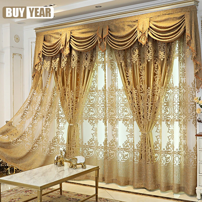 

European Luxury Golden Lace Hollow Window Screen Villa Gold Curtains for Living Dining Room Bedroom Tulle Valance Custom