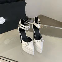 M European Belt Buckle Chunky Heels Pointed-toe Hollow out Super High Heel Platform Footwear Fashion Zipper Square Heel Sandals