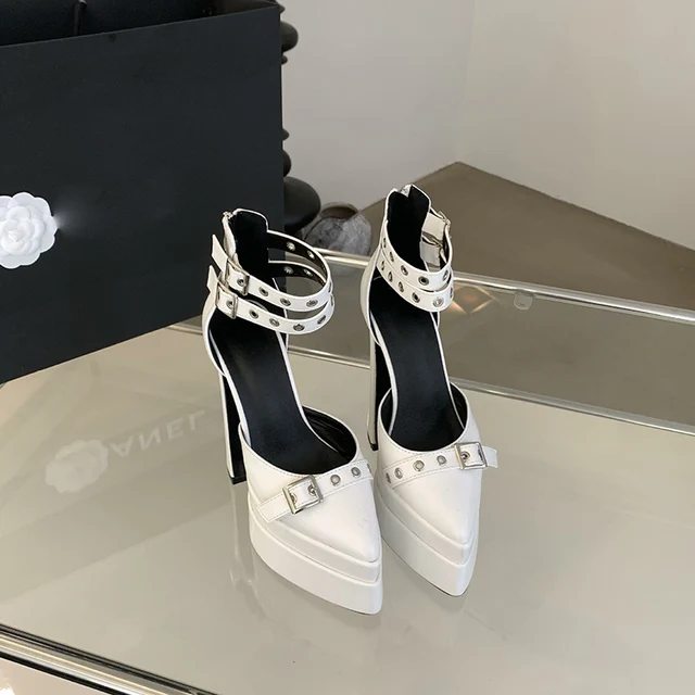 M European Belt Buckle Chunky Heels Pointed-toe Hollow out Super High Heel Platform Footwear Fashion Zipper Square Heel Sandals