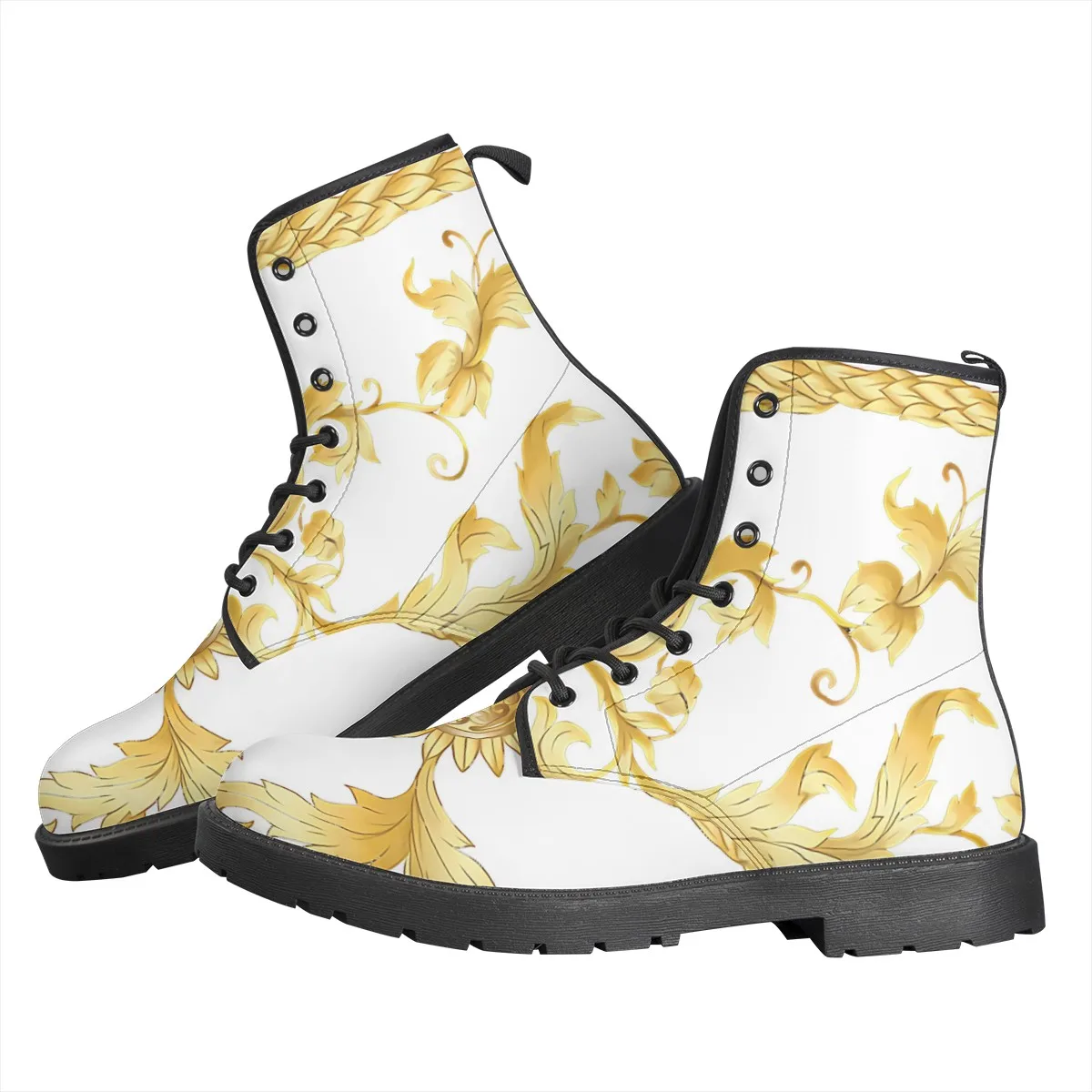 Size 35-46 INS Woman PU Leather Ankle Boots Fashion White And Golden Rococo Prints Shoes Woman Short Classic Boots