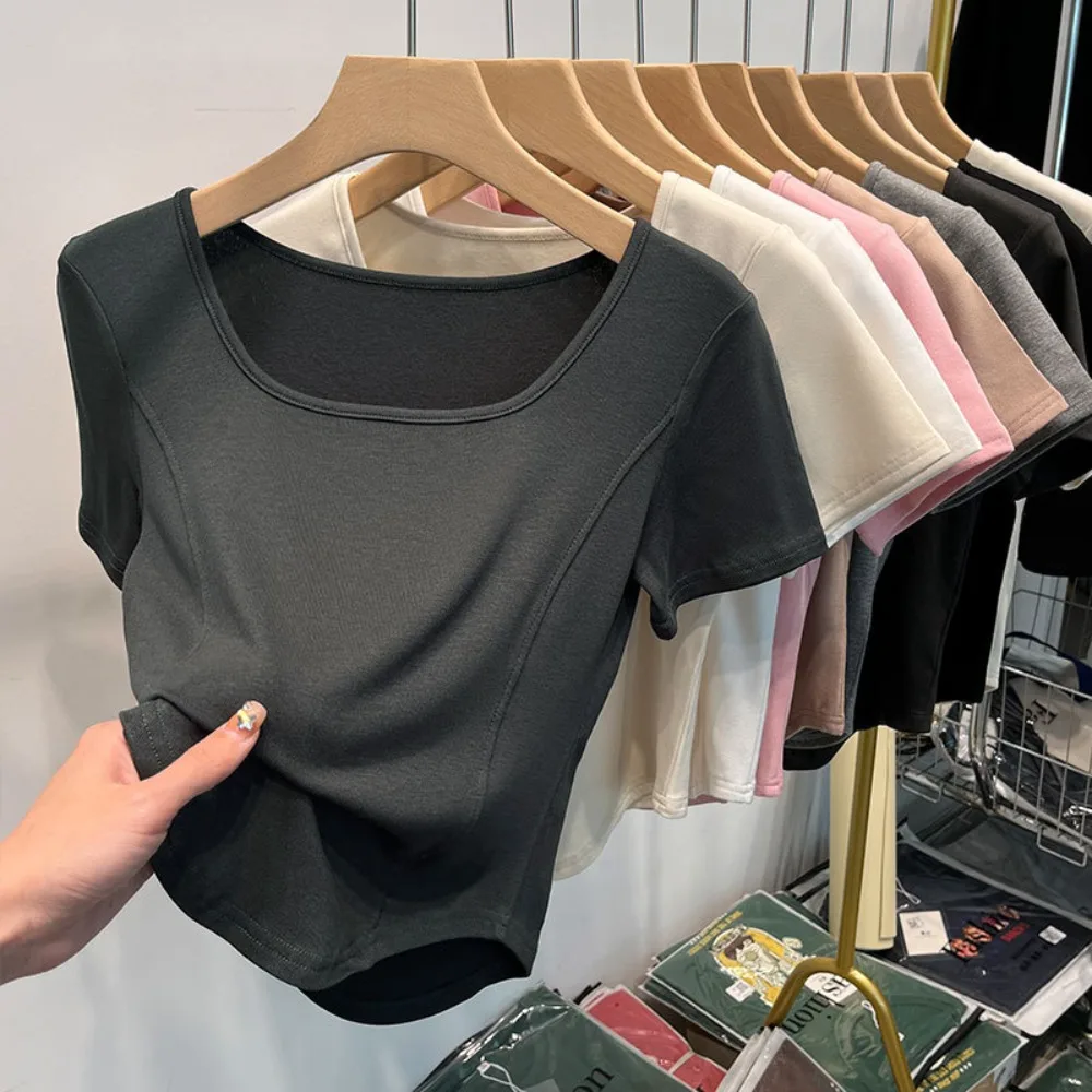 Fashion Summer Square Neck T-shirt Sweet Simplicity Slim Top Casual Trendy Short Top Female 5