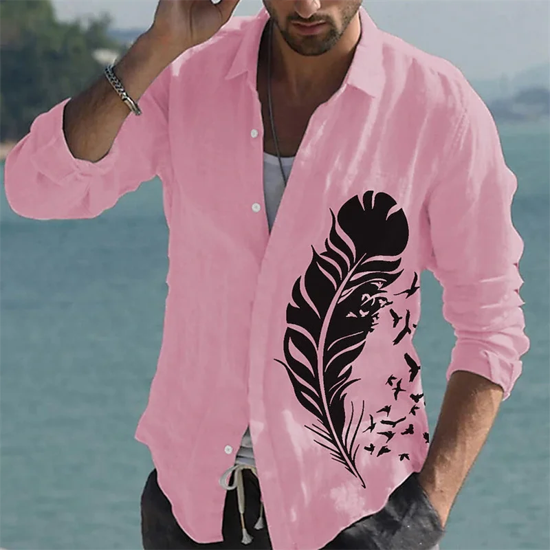 2023 New Fashion Luxury Social Men's Shirt Lapel Button Shirt Casual Feather Printing Long Sleeve Shirt Cardigan for Men's Ball