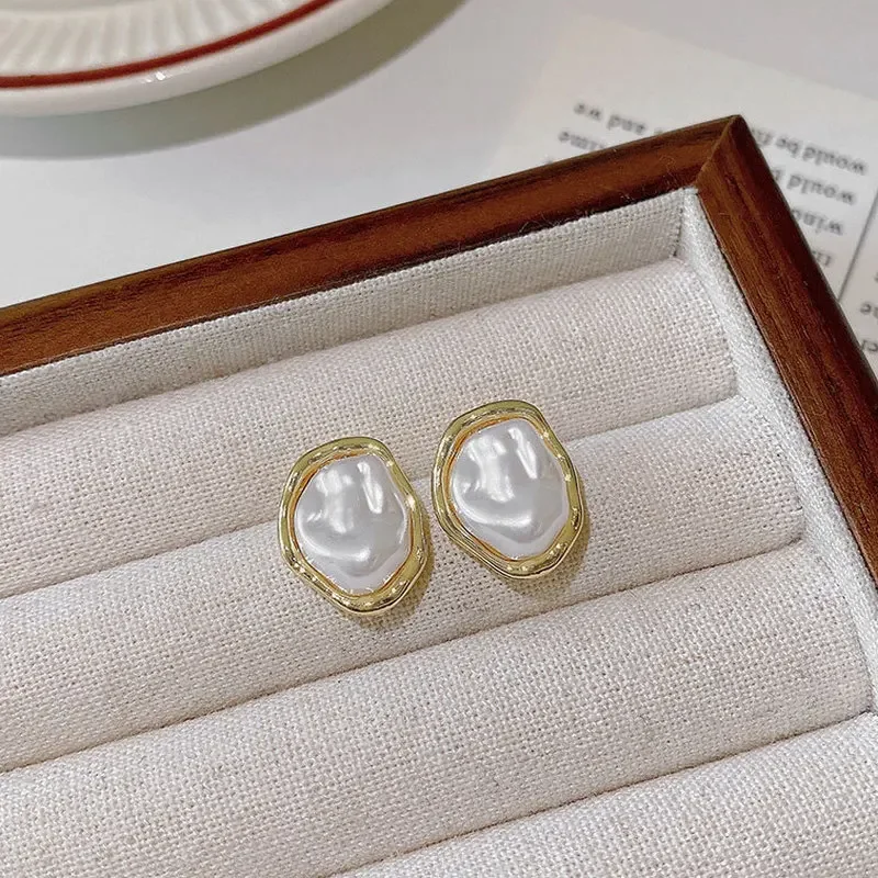 Geometric Irregular Round Pearl Earrings For Women Unusual Irregular Gold Color Metal Side Boho Trendy Jewelry Gift